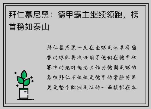 拜仁慕尼黑：德甲霸主继续领跑，榜首稳如泰山